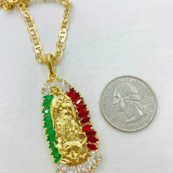 Gold Filled Guadalupe Charm Pendant Mariner Link Chain Dije de Guadalupe 44x20mm - Picture 3 of 6